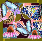 Full Wild Reverie scarf artwork with blue butterflies, pink coneflowers, olive leaves and a matching olive border.