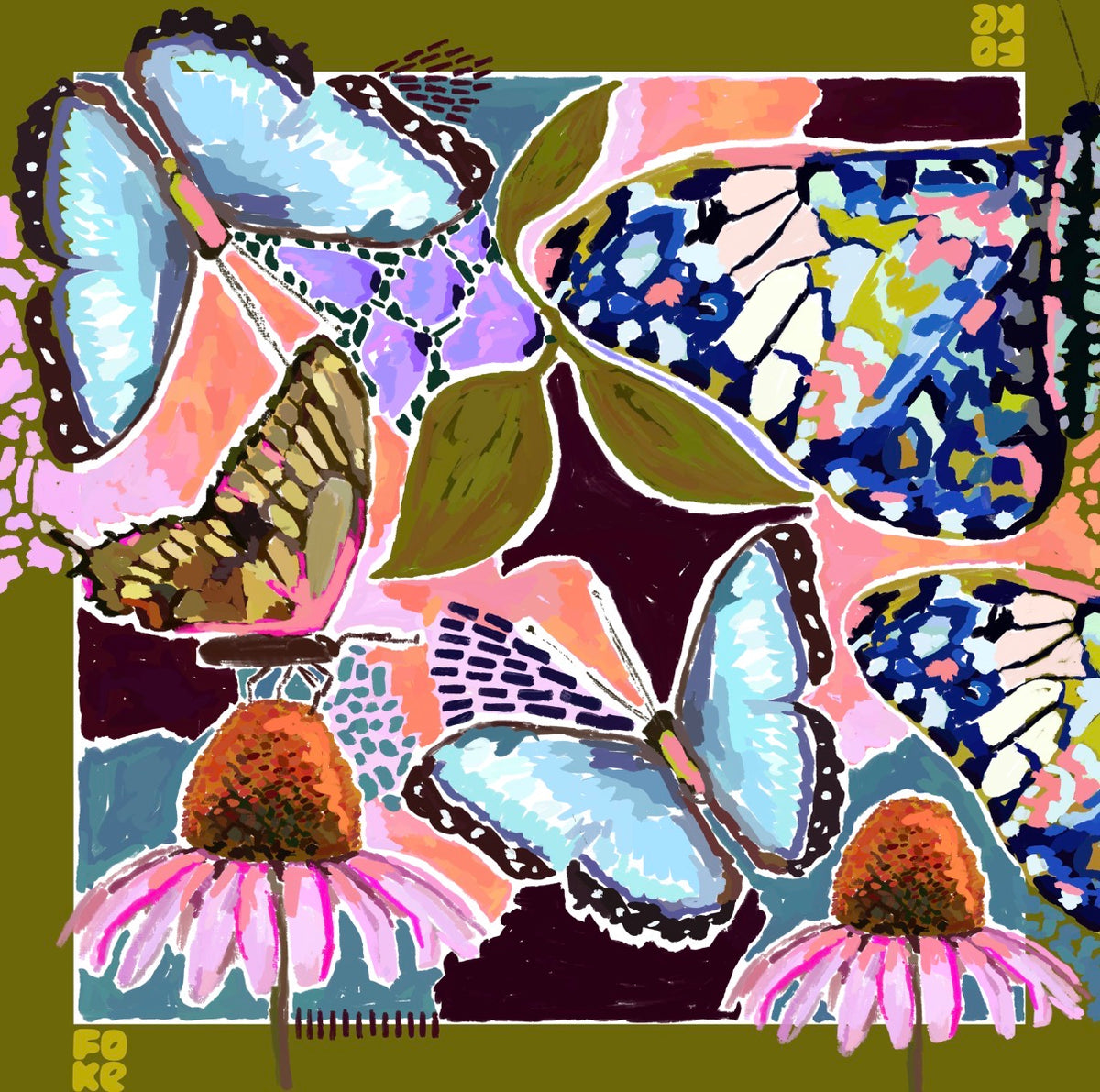Full Wild Reverie scarf artwork with blue butterflies, pink coneflowers, olive leaves and a matching olive border.