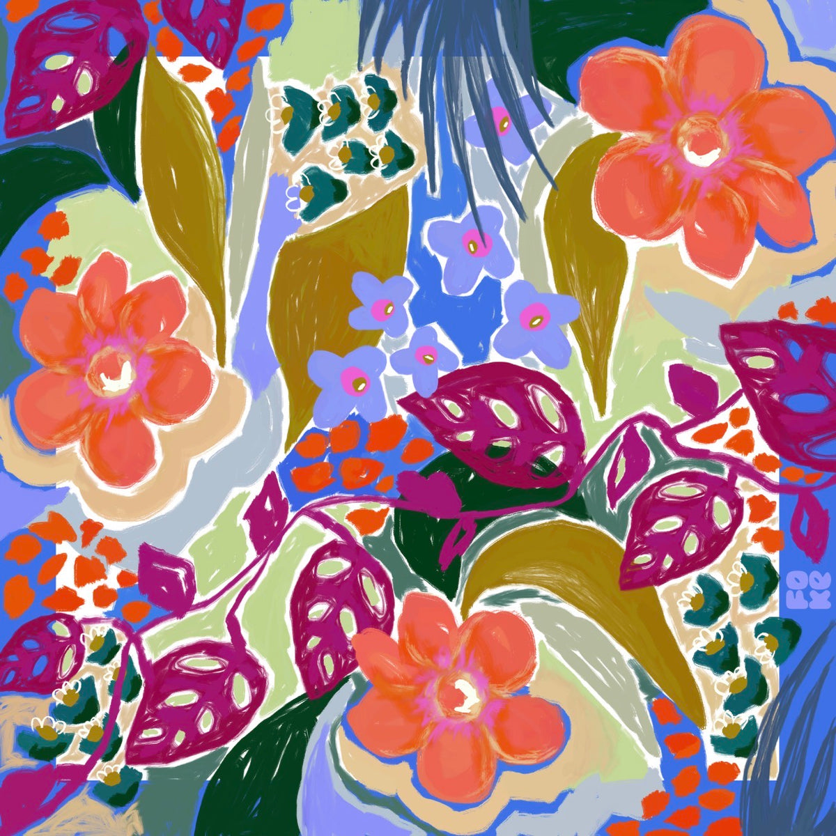 Full Offbeat scarf artwork with coral-orange blooms, magenta leaves and blue flowers in a colourful square design.