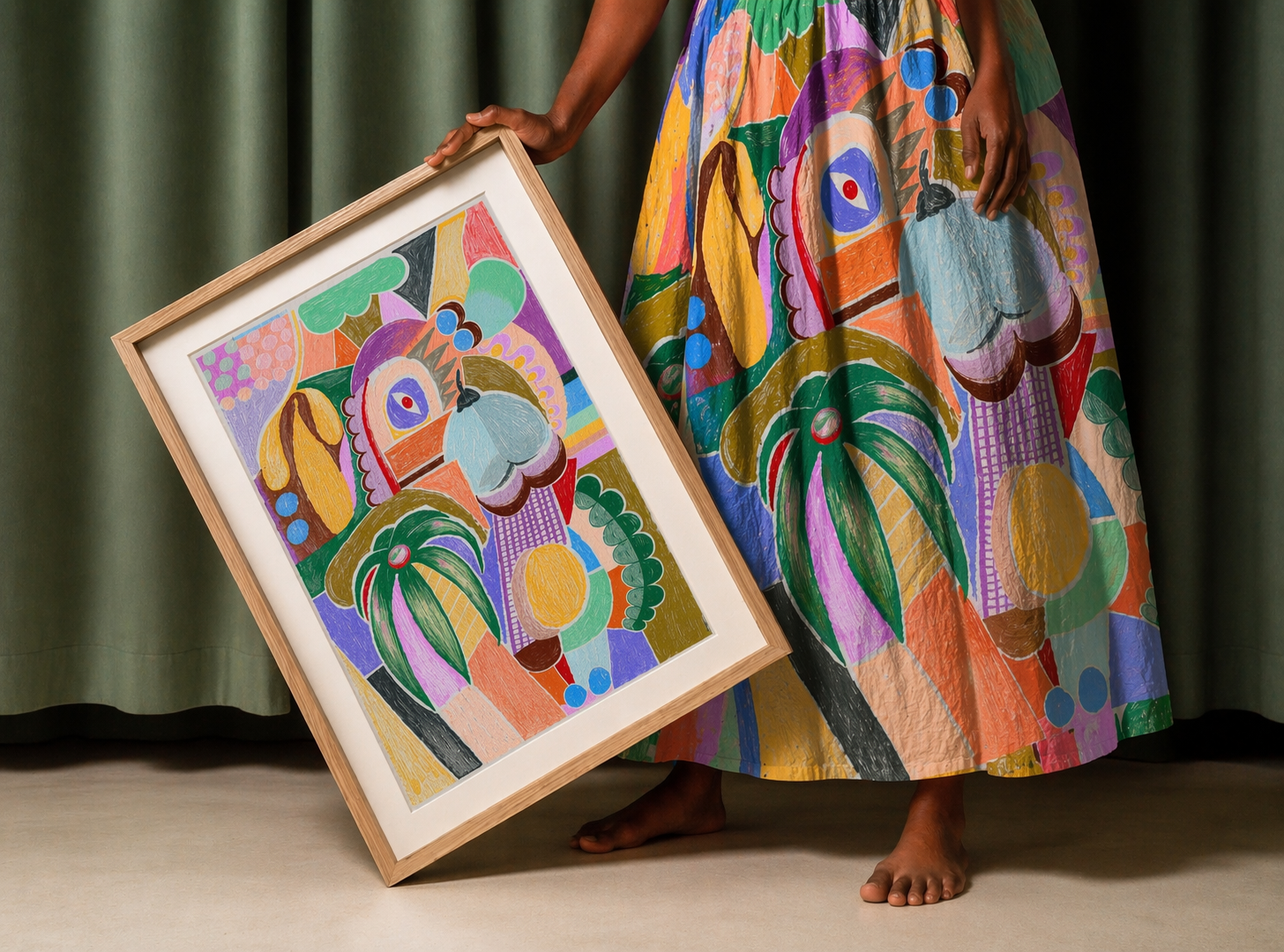 A FOKE art print held beside a skirt made in the matching original print